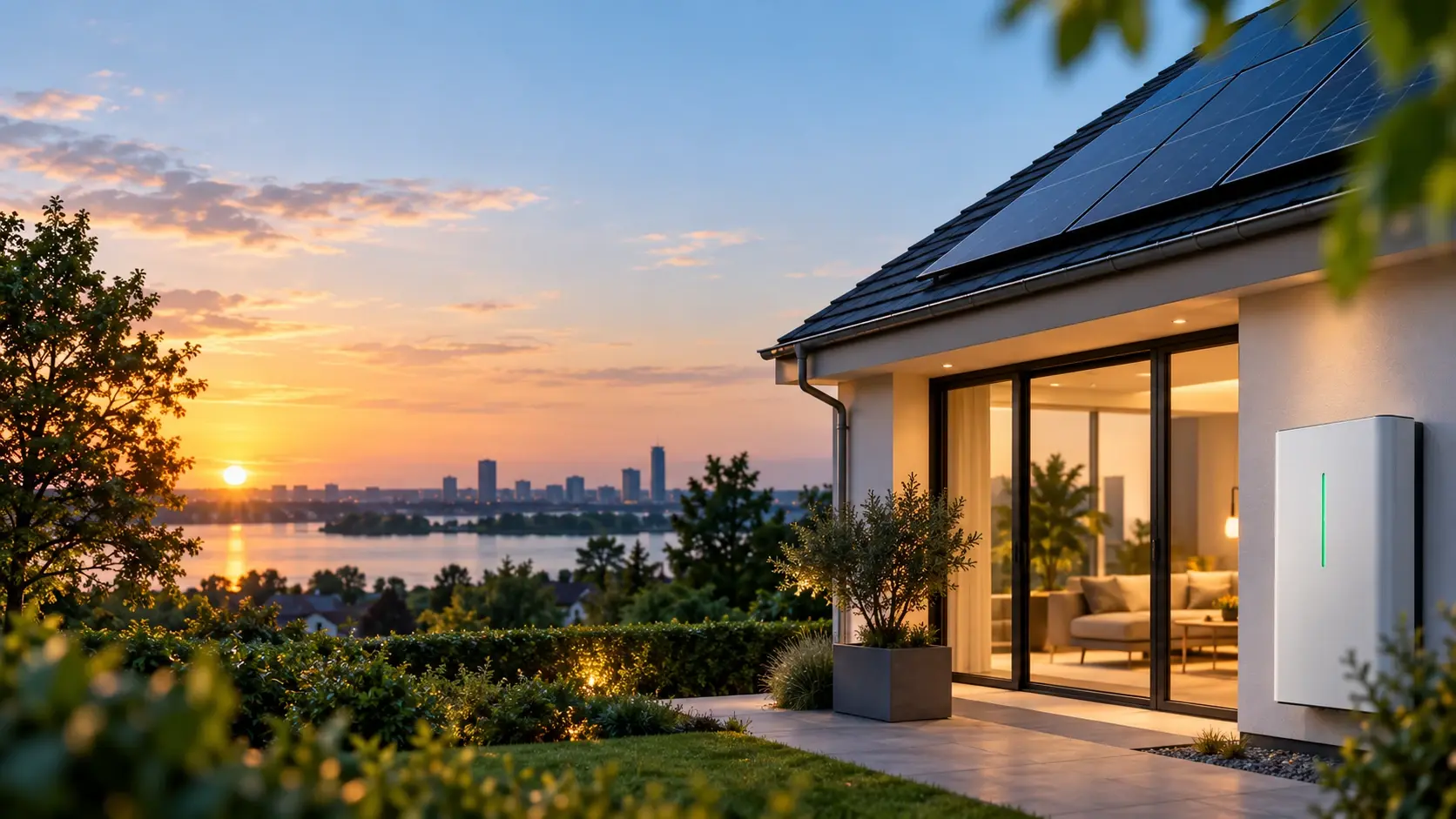 Moderne woning met zonnepanelen bij zonsondergang, met verlichte ramen
