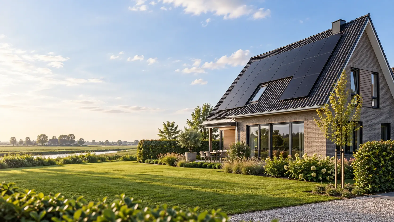 Vrijstaande Nederlandse woning met zonnepanelen op het dak in de ochtendzon