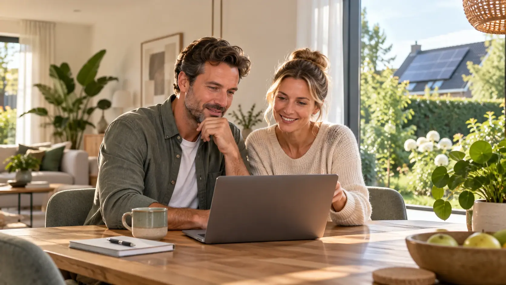 Stel bekijkt samen informatie over energie op een laptop aan de keukentafel