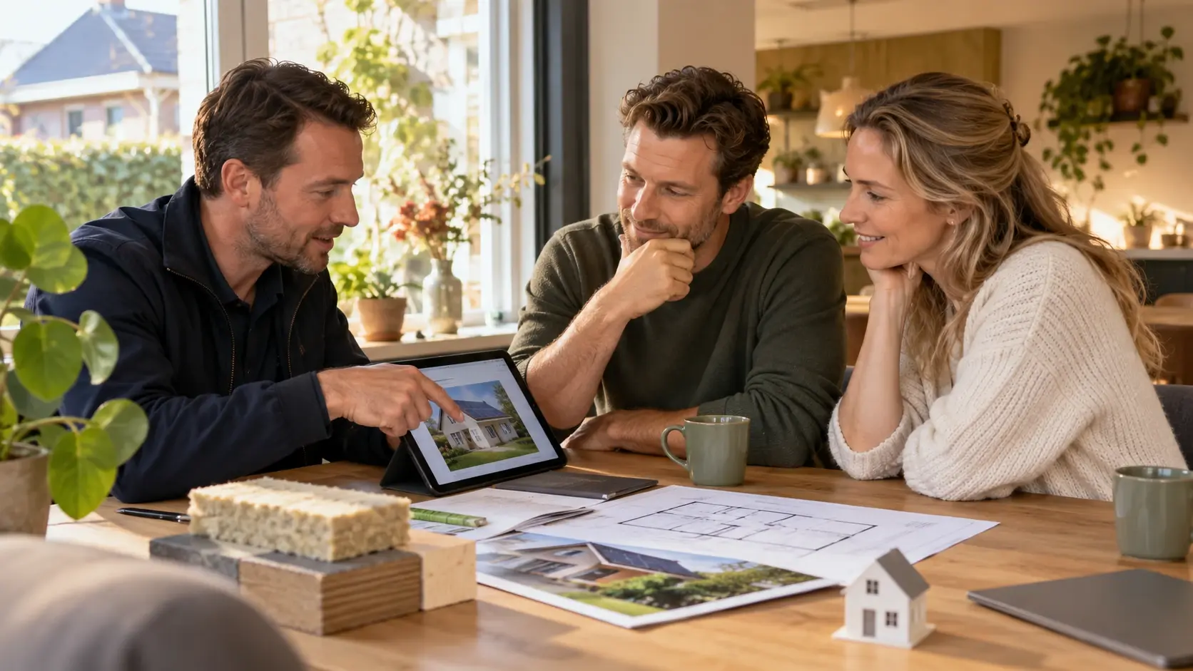 Adviesgesprek aan de keukentafel over energie in huis