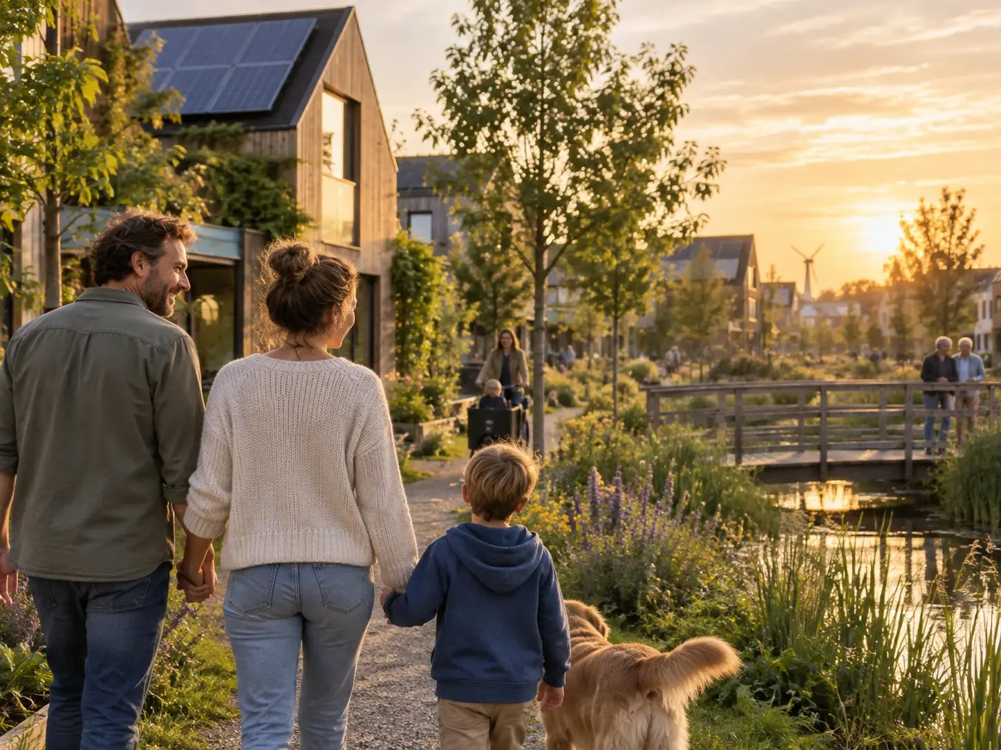 Gezin wandelt door een groene woonwijk met zonnepanelen op de daken