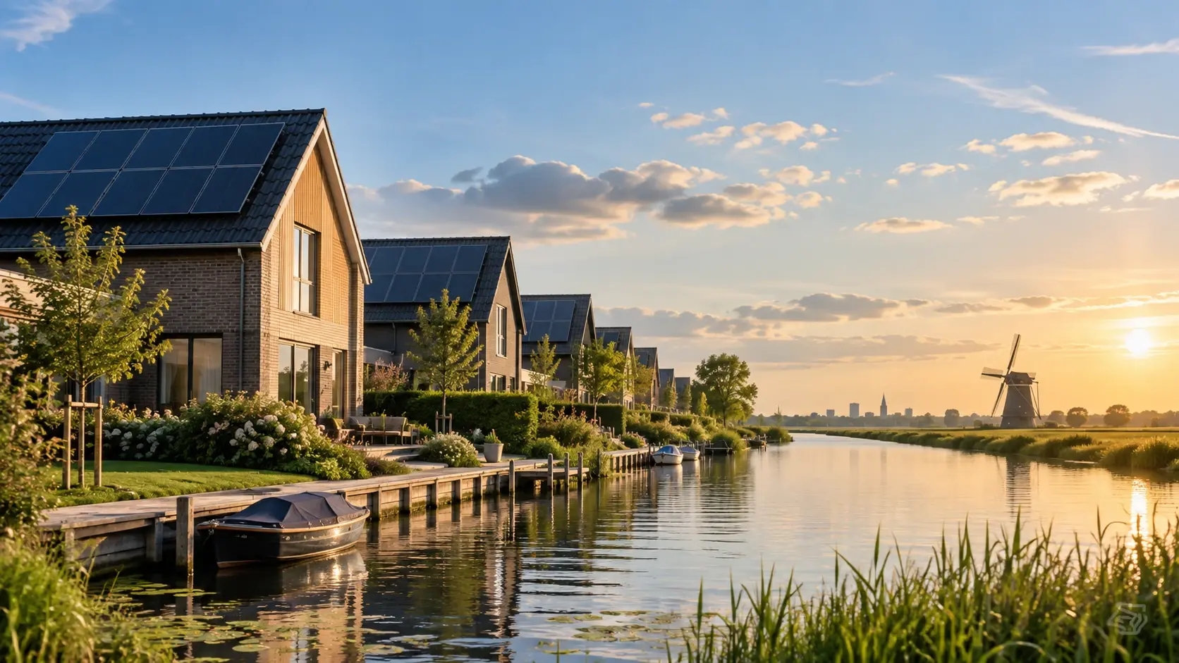 Rij woningen met zonnepanelen langs het water