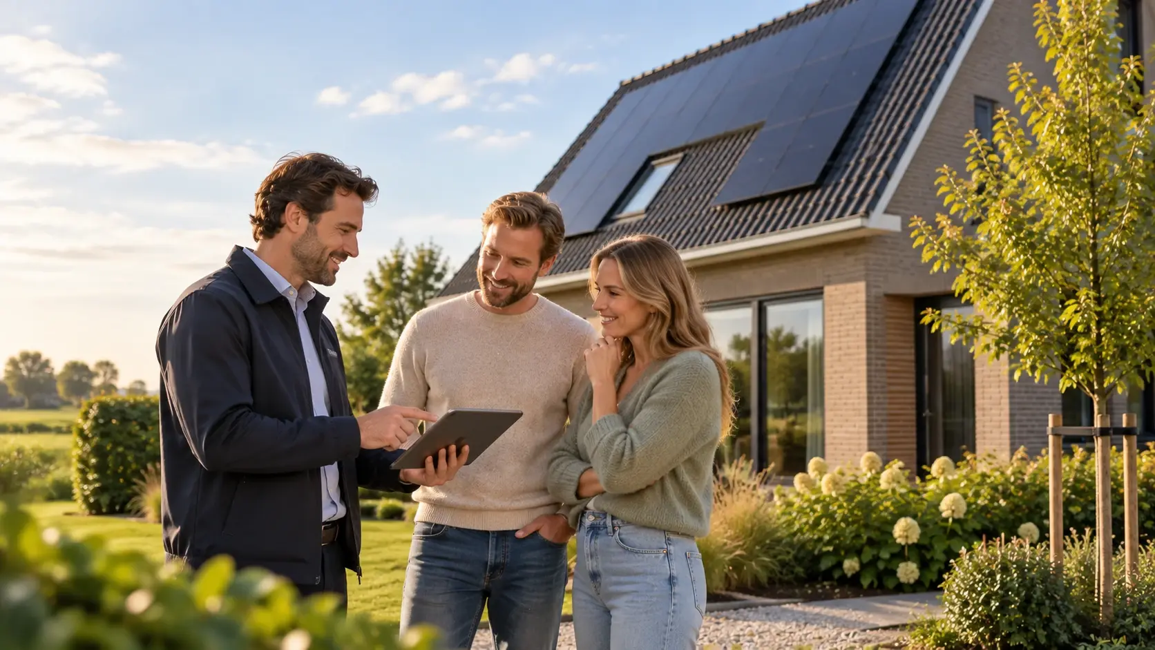 Adviseur in gesprek met bewoners voor een woning met zonnepanelen