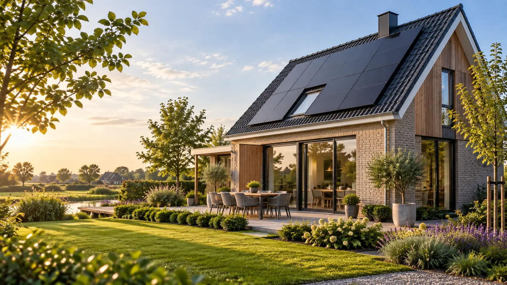 Woning met een dak vol zonnepanelen in de middagzon